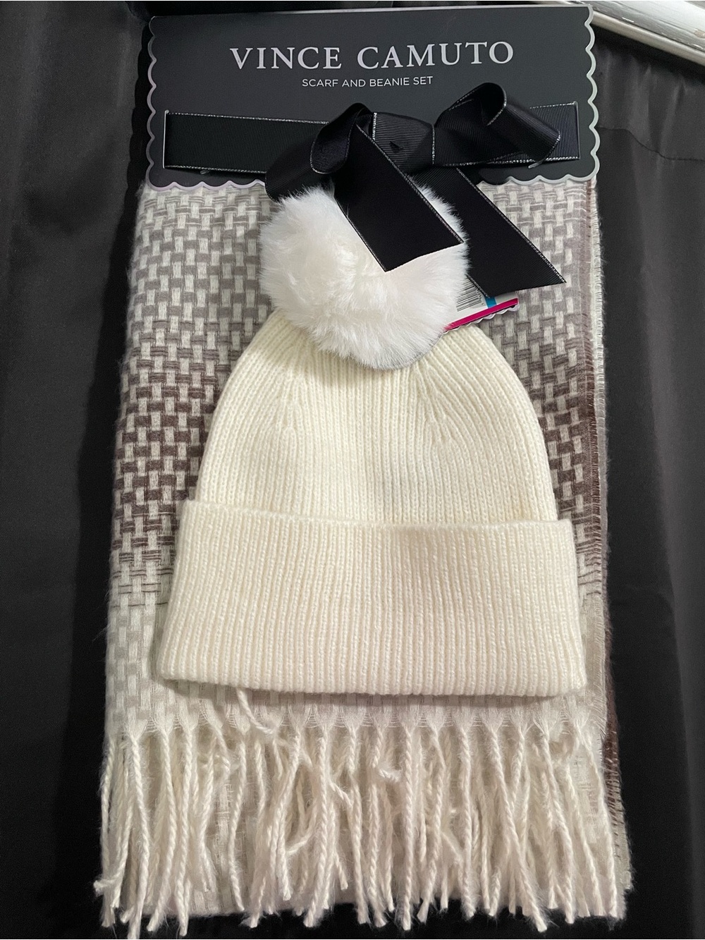 Vince Camuto Ivory Pom Beanie and Fringe Scarf Set